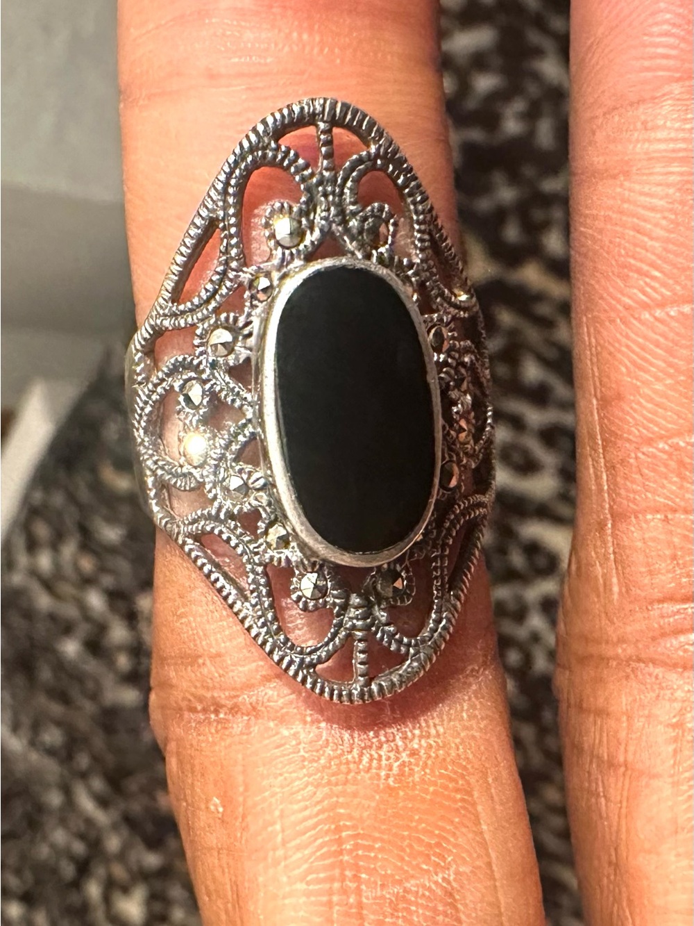 Vintage HAN onyx Sterling Filigree w/marcosite Black Ring size 9 unisex